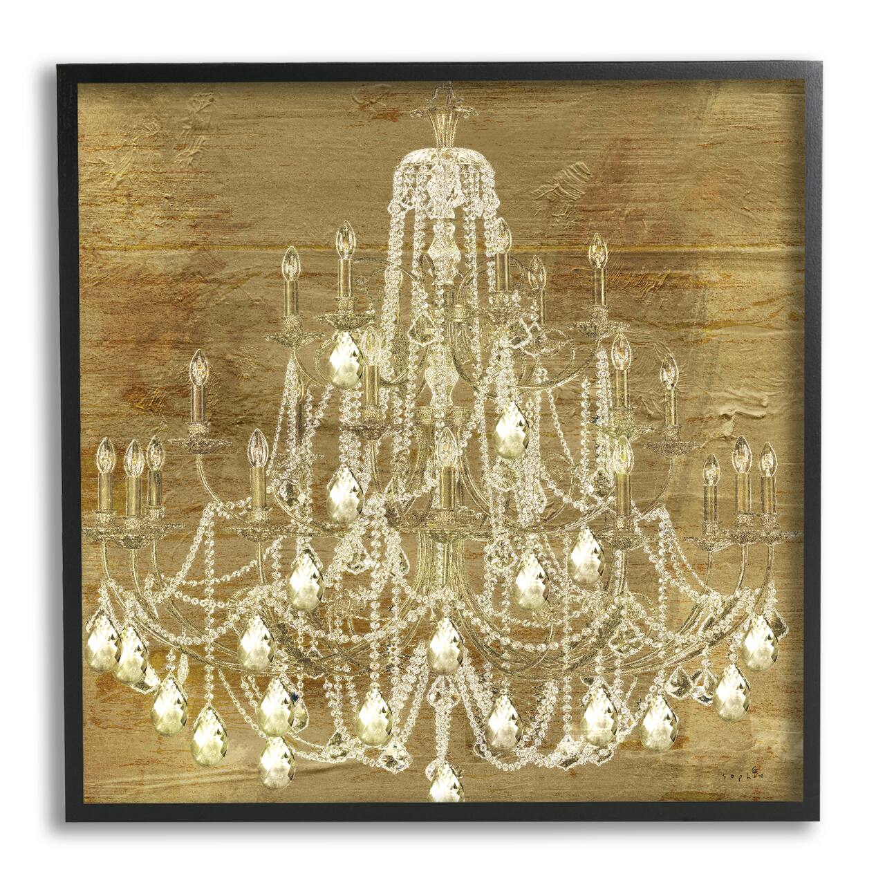 Stupell Industries Vintage Glam Crystal Chandelier Rustic Distressed Gold Background Framed Wall Art